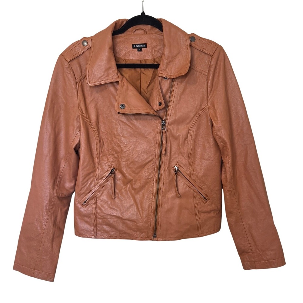 Peterman Womens Cognac Tan Genuine Leather Moto Biker Jacket Size 8